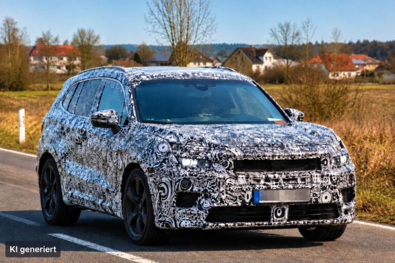 Faszination Erlkönig: Die Geschichte der getarnten Autos Noch nicht enthüllt und doch schon unterwegs: Ein stark getarnter SUV-Erlkönig auf Erprobungsfahrt über ländliche Straßen. KI-generiertes Bild, erstellt mit ChatGPT/DALL-E.