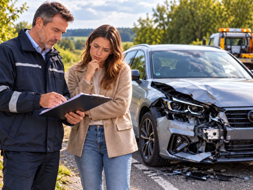 Nach einem Unfall kann ein unabhängiger Kfz-Gutachter den Schaden dokumentieren, bewerten und die Reparaturkosten einschätzen. So entsteht eine wichtige Grundlage für die weitere Schadenregulierung. KI-generiertes Bild, erstellt mit ChatGPT/DALL-E.